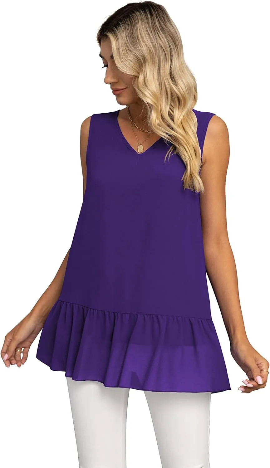 VIISHOW Women's 2023 Summer Sleeveless V Neck Chiffon Tank Top Double Layers Ruffle Hem Casual Blouse Tunic