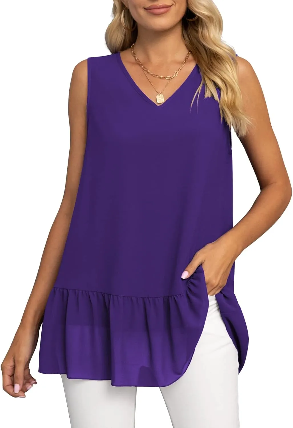 VIISHOW Women's 2023 Summer Sleeveless V Neck Chiffon Tank Top Double Layers Ruffle Hem Casual Blouse Tunic