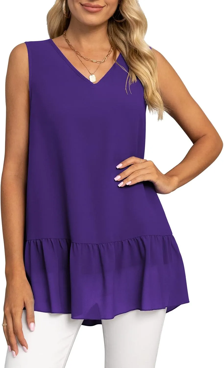VIISHOW Women's 2023 Summer Sleeveless V Neck Chiffon Tank Top Double Layers Ruffle Hem Casual Blouse Tunic