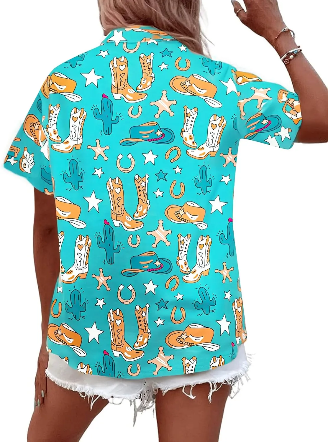 Western Button Down Shirt Women: Cowgirl Short Sleeve Boho Tops Hawaiian Tropical Graphic Tees Summer Vacation Outfit