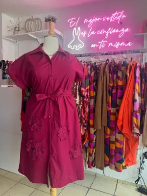 Wine Flower Detail Midi Dress