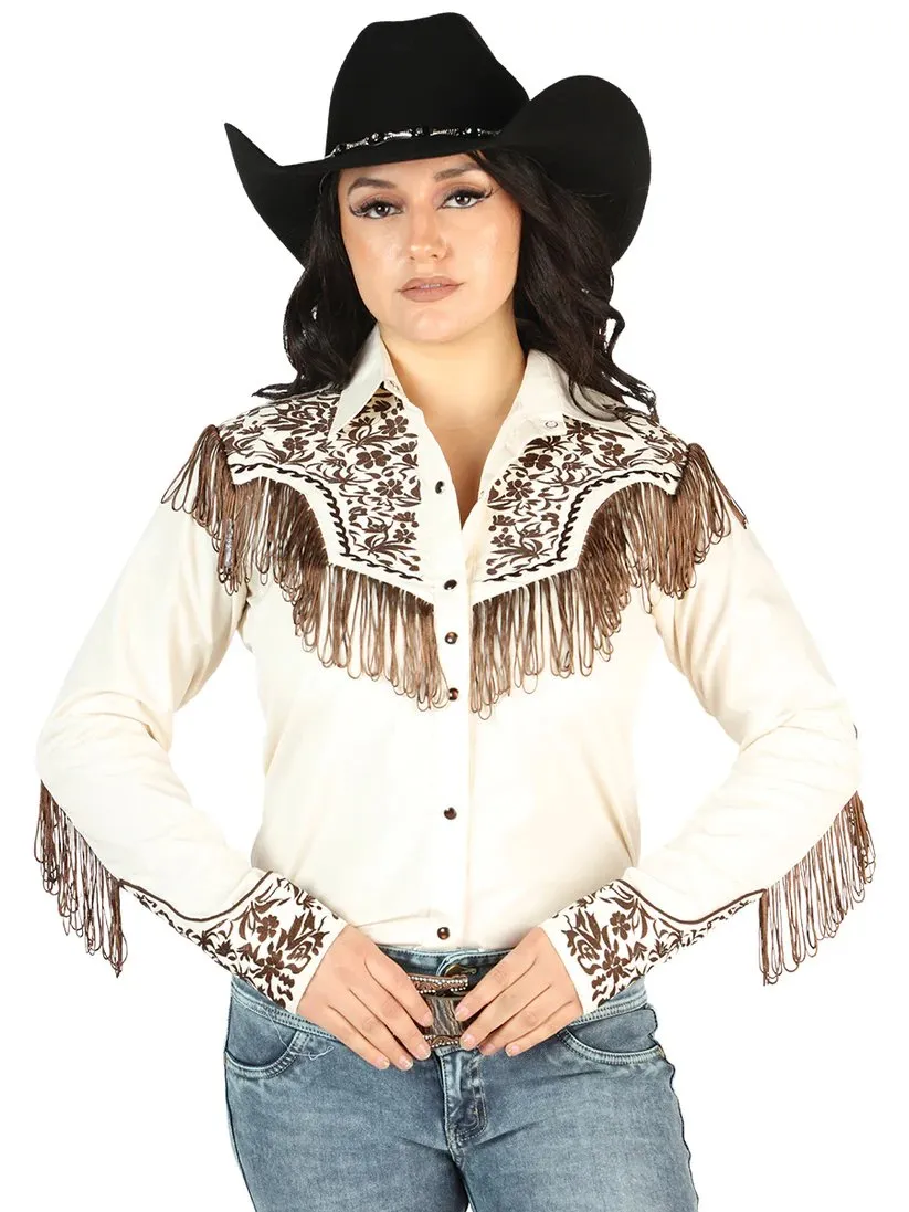 Women's Beige Embroidered Long Sleeve Western Shirt El Señor de los Cielos GEN-44180
