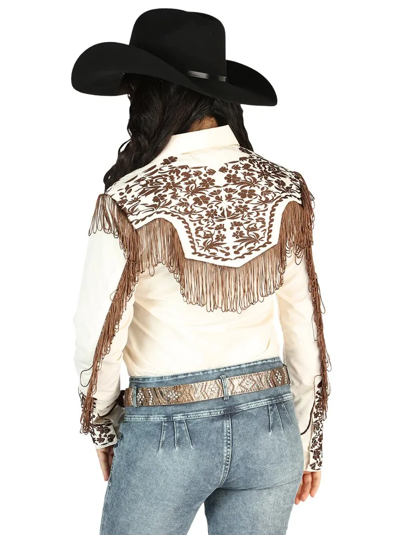 Women's Beige Embroidered Long Sleeve Western Shirt El Señor de los Cielos GEN-44180