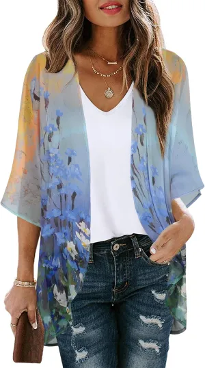 Women's Floral Print Puff Sleeve Kimono Cardigan Loose Cover Up Casual Blouse Tops