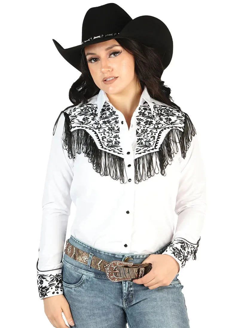 Women's White Embroidered Long Sleeve Western Shirt El Señor de los Cielos GEN-44179