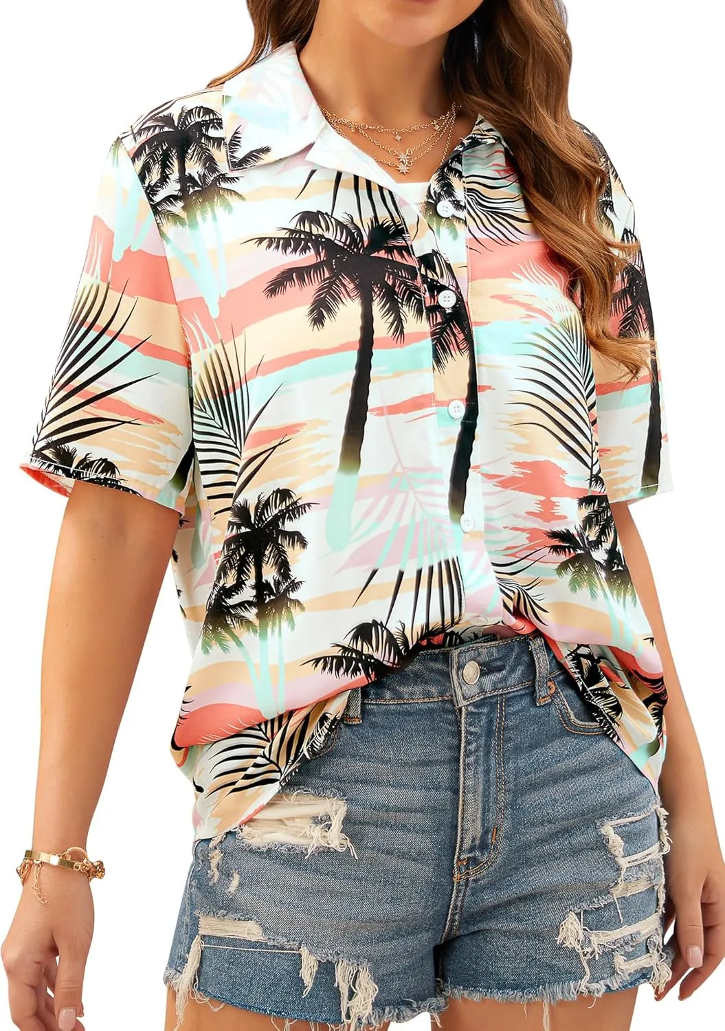 ZXZY Women Cute Hawaiian Shirt Lapel V Neck Short Sleeve Top Loose Button Down Blouse