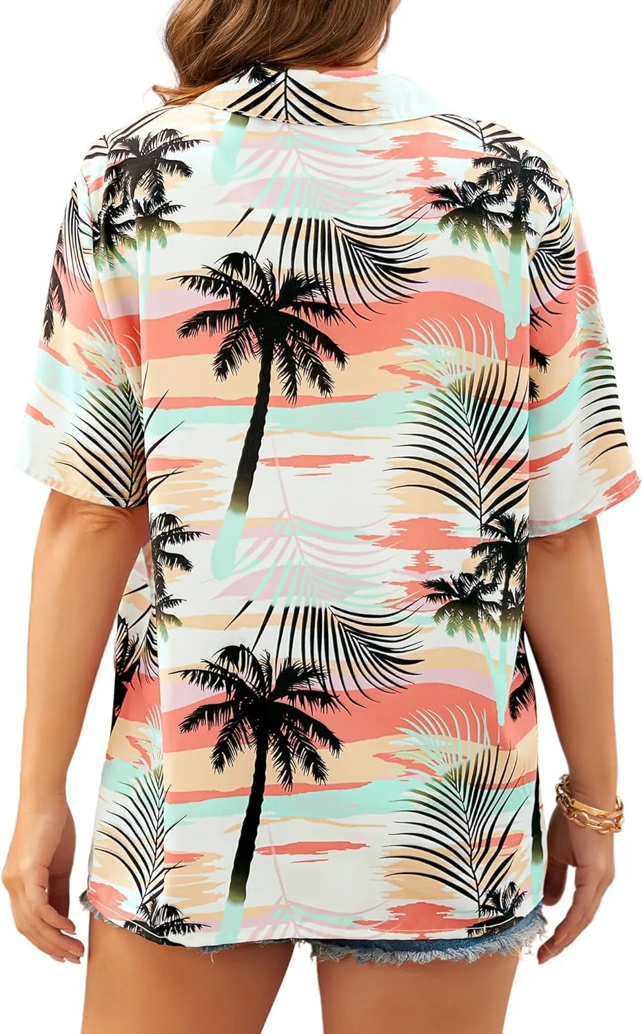 ZXZY Women Cute Hawaiian Shirt Lapel V Neck Short Sleeve Top Loose Button Down Blouse