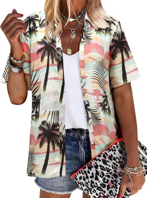 ZXZY Women Cute Hawaiian Shirt Lapel V Neck Short Sleeve Top Loose Button Down Blouse