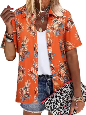 ZXZY Women Cute Hawaiian Shirt Lapel V Neck Short Sleeve Top Loose Button Down Blouse