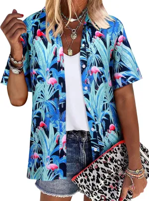 ZXZY Women Cute Hawaiian Shirt Lapel V Neck Short Sleeve Top Loose Button Down Blouse